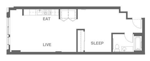 Floor plan for 1 bed, 1 bath, 678 sqft